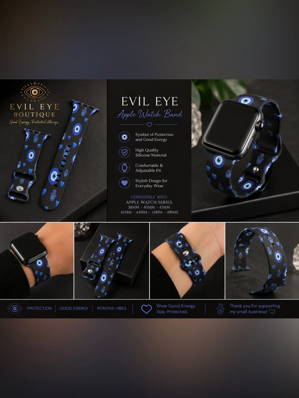 Apple Evil Eye Silicone Watch Band - Black & Blue